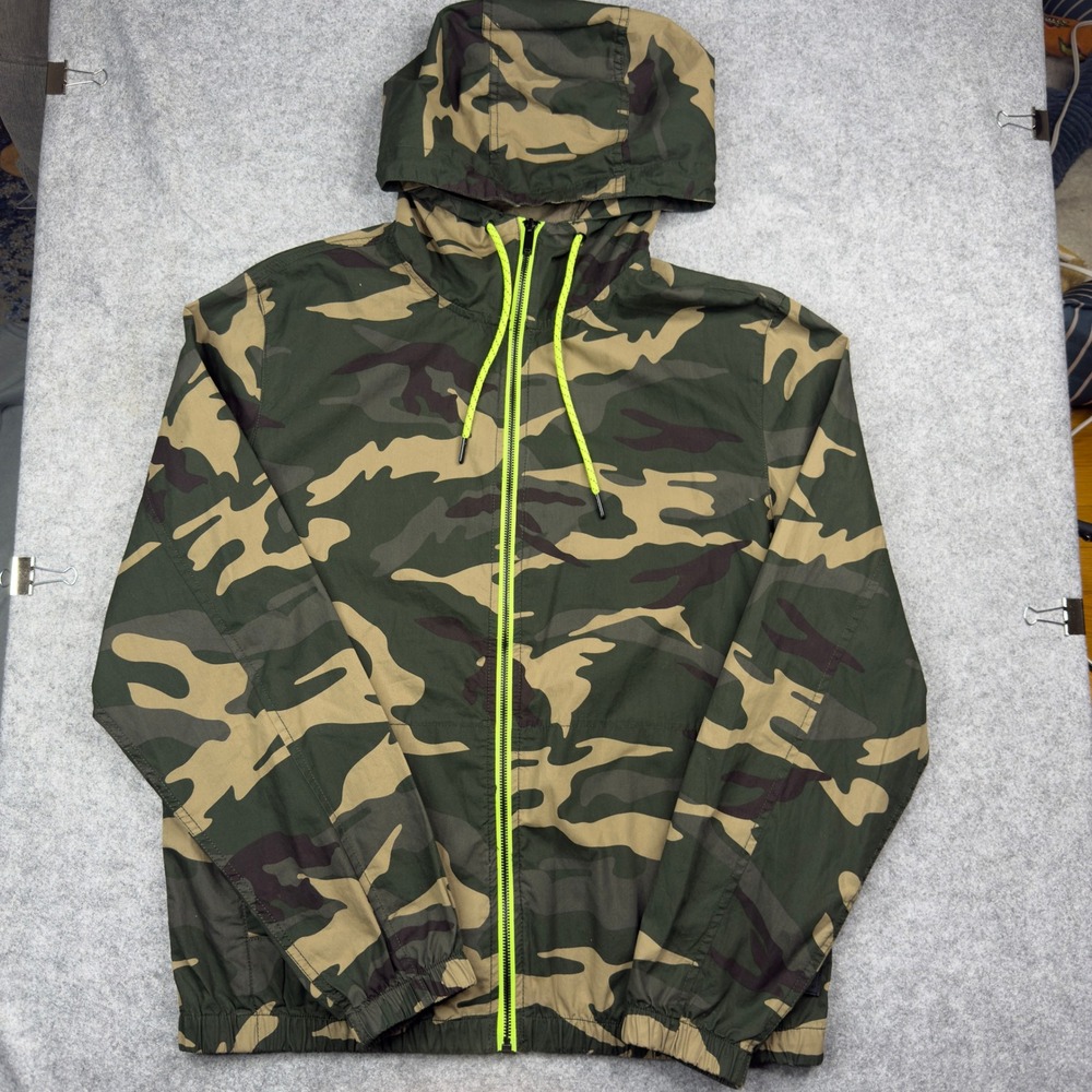 Denim & Flower Ricky Singh Mens Camo Hooded Windbreaker Jacket Neon Zip Green L